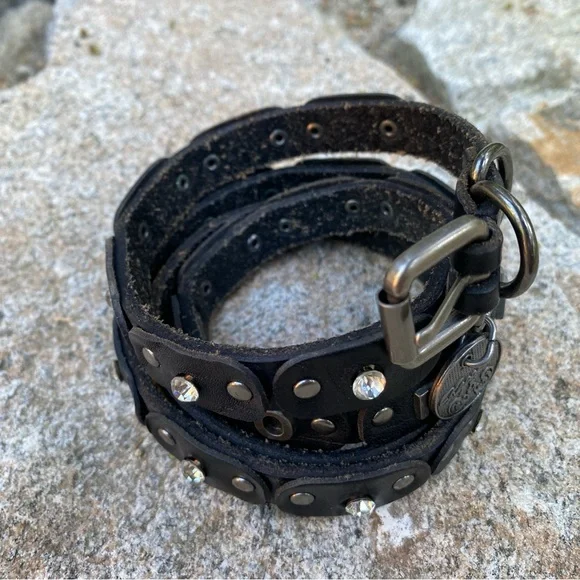VNtG Y2K KAPORAL Leather Stud Rhinestone Skinny Belt Black Silver Wrap 90cm 34in - Picture 9 of 14